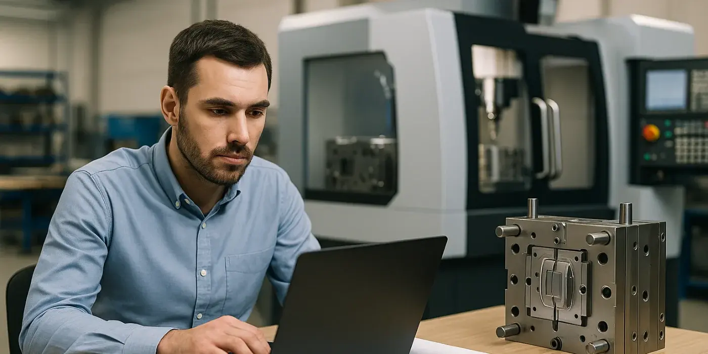 Engenheiro projetando molde industrial no computador com centro de usinagem ao fundo