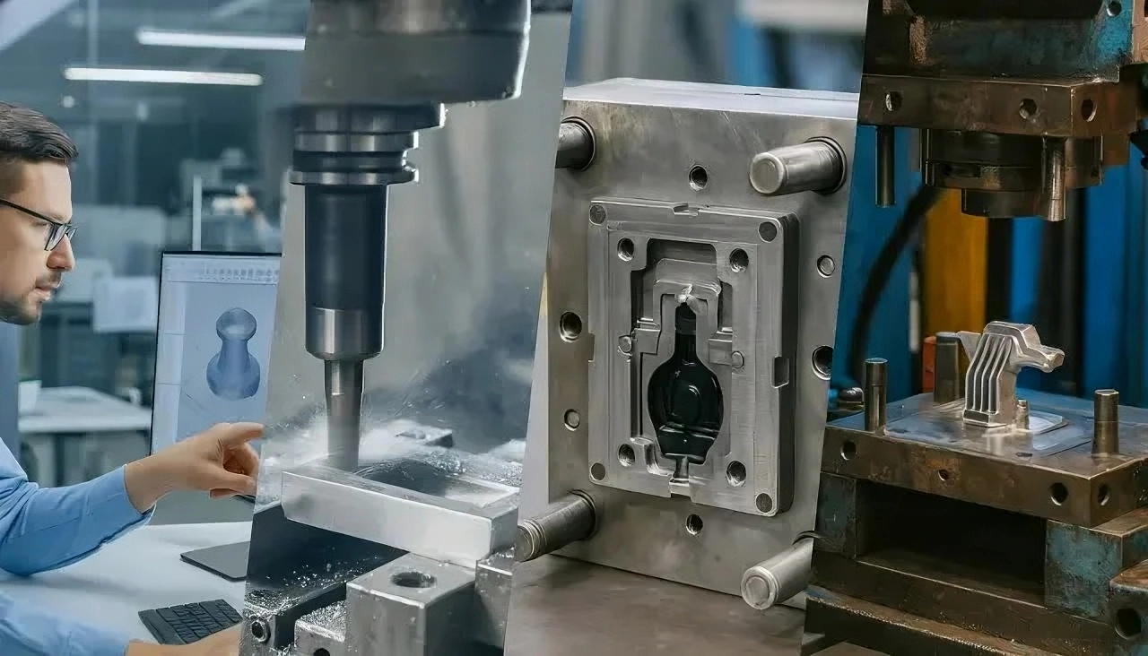 Processo completo de desenvolvimento de moldes: projeto CAD, usinagem CNC e teste de injeção
